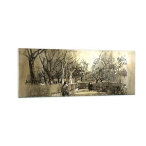 Quadro su vetro - Una scena di cartone animato di un parco con persone che camminano in toni caldi. - 140x50cm - Attimo fermato con la penna - Decorazione murale moderna per soggiorno e camera da letto ARTTOR