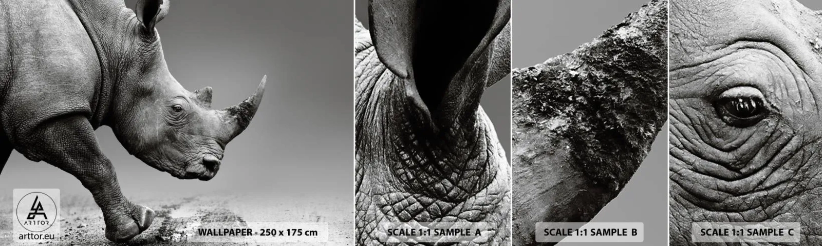 Campione di Fotomurale Adesivo Deluxe Sticker - Forza irrefrenabile - Rinoceronte, Animali, Africa - 100x30 cm