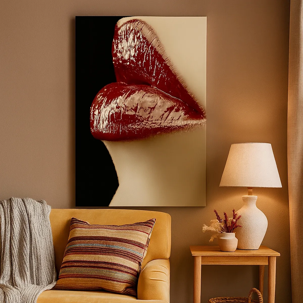 Quadro su tela - Stampe su Tela - Labbra rosse e rossetto su sfondo nero - 50x70cm - Sensualità e splendore del carminio - Decorazione murale moderna per soggiorno e camera da letto ARTTOR