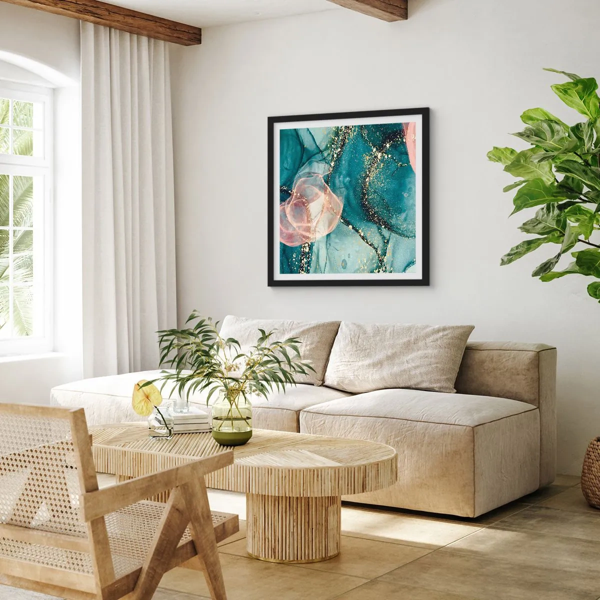Poster in cornice nera - Blu di seta, rosa di tulle - 60x60 cm