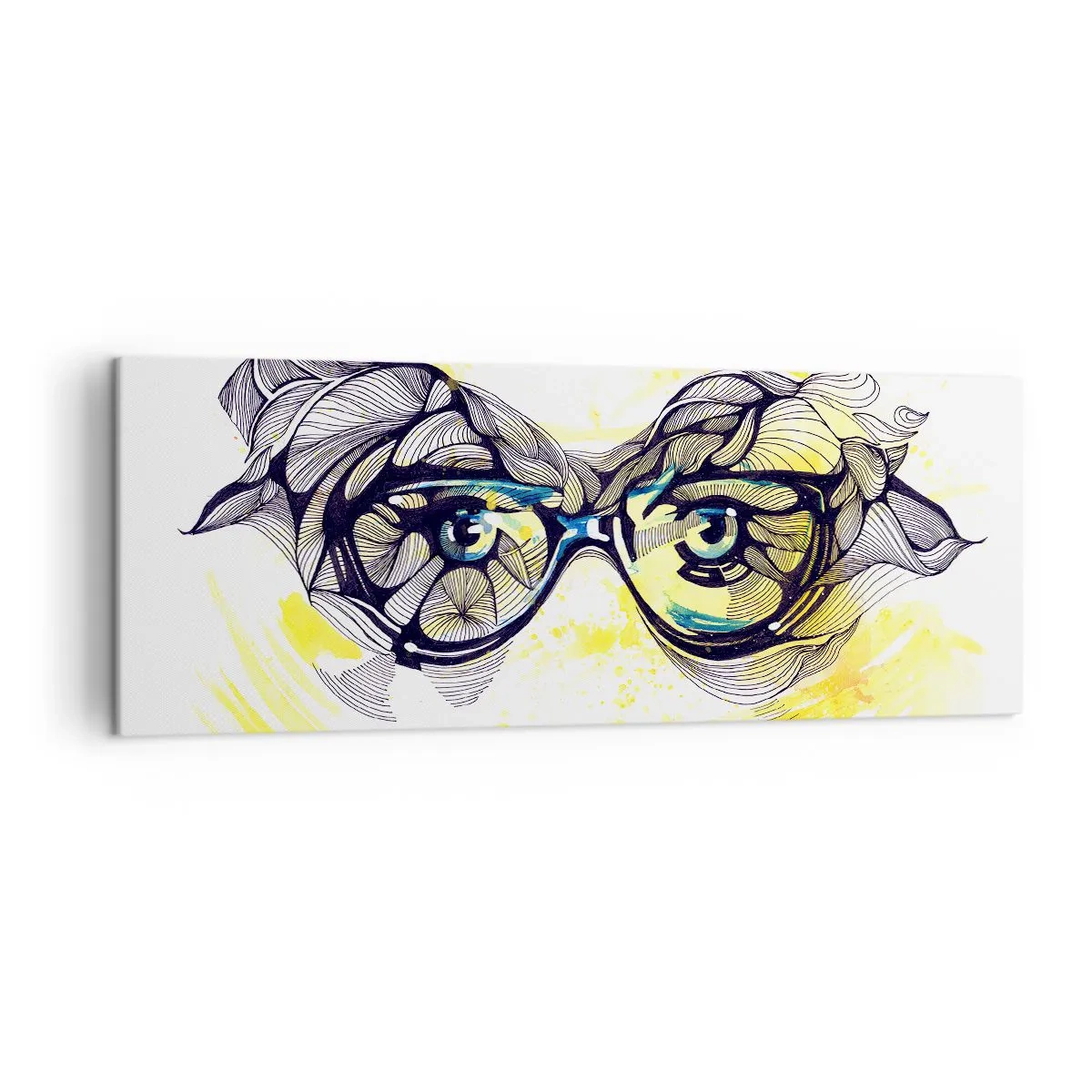 Quadro su tela - Stampe su Tela - Grafica artistica di occhiali con occhi espressivi - 140x50cm - Attraverso gli occhiali blu - Decorazione murale moderna per soggiorno e camera da letto ARTTOR