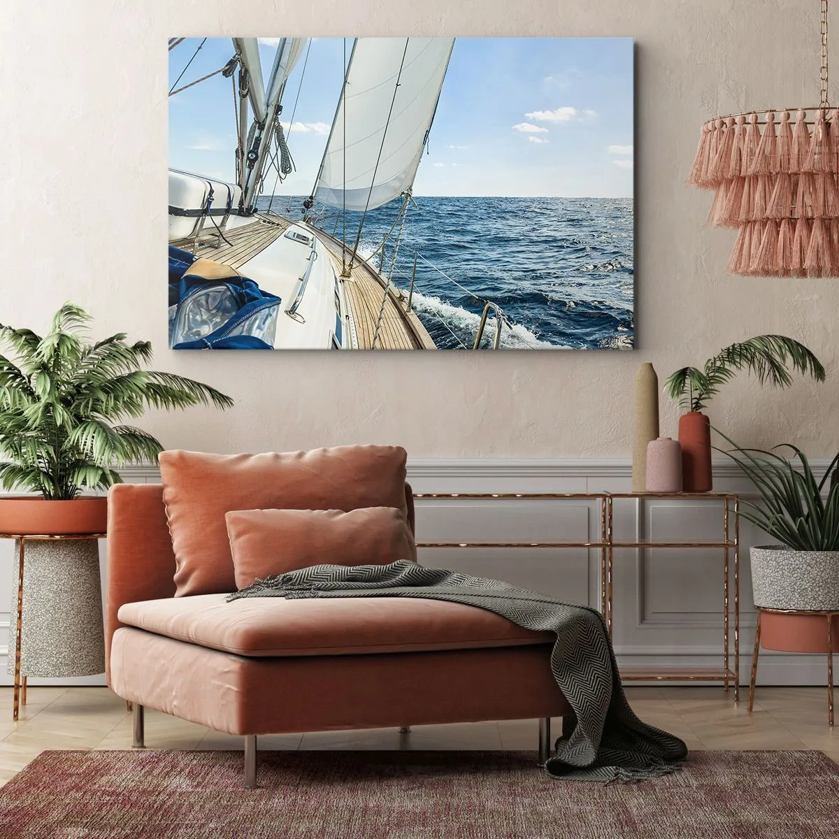 Quadro su tela - Stampe su Tela - Una barca a vela su un mare calmo sotto un cielo azzurro - 70x50cm - Benvenuta avventura - Decorazione murale moderna per soggiorno e camera da letto ARTTOR