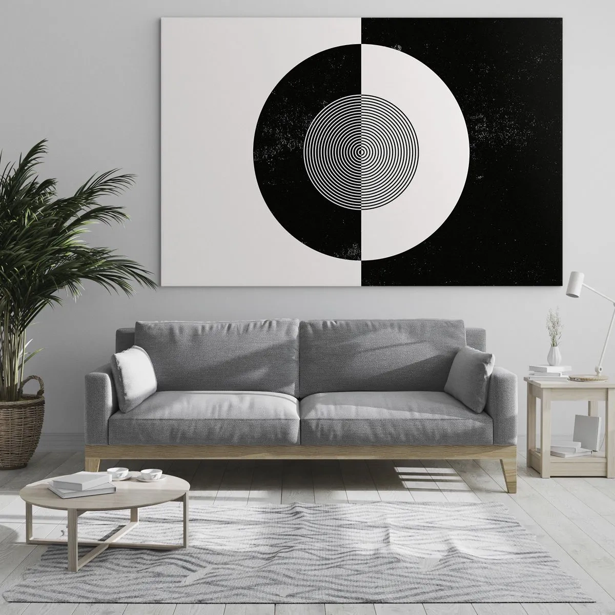 Quadro su vetro - Motivo geometrico di simmetria in bianco e nero - 70x50cm - Armonia in bianco e nero - Decorazione murale moderna per soggiorno e camera da letto ARTTOR