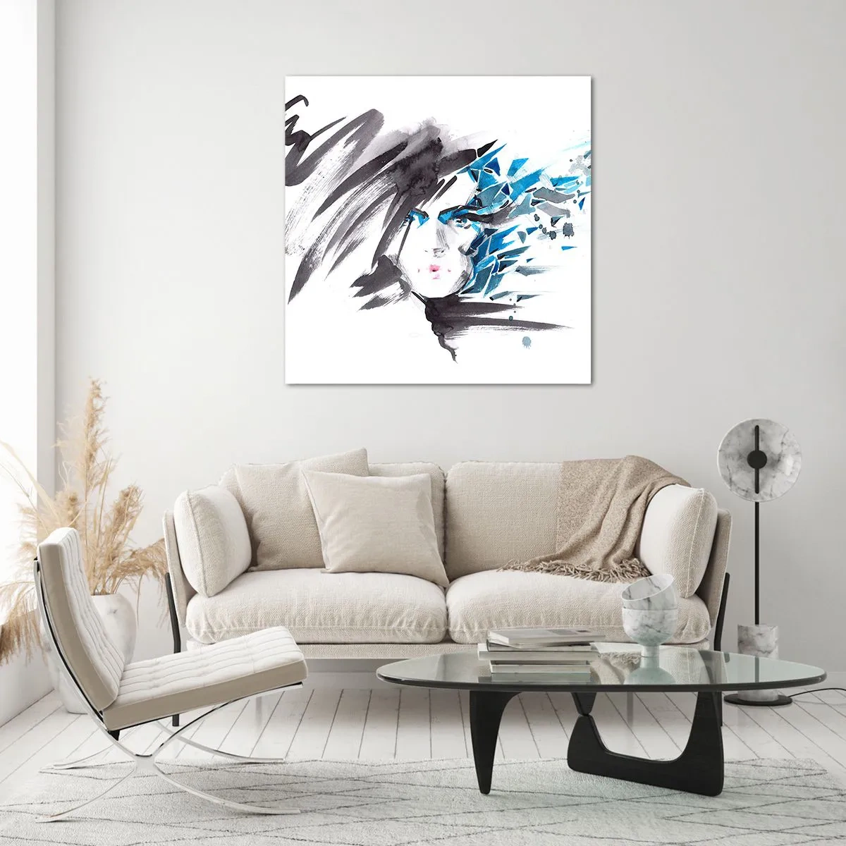 Quadro su vetro - Ritratto di sensualità in grigio e azzurro - 40x40 cm