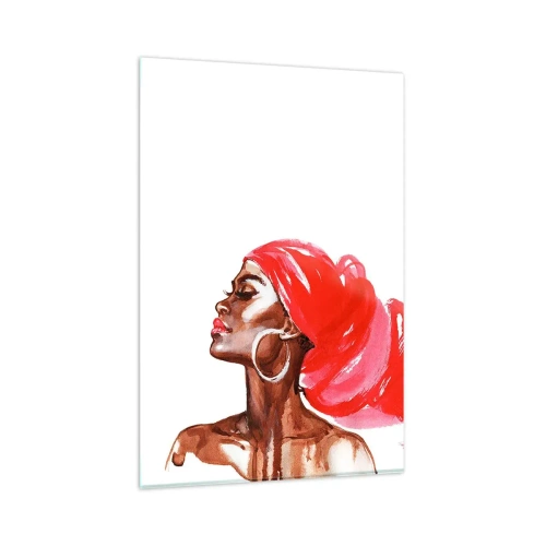 Quadro su vetro - Profilo di una donna con turbante rosso e orecchini - 80x120cm - C'è un vento che allarga le narici dell'uomo - Decorazione murale moderna per soggiorno e camera da letto ARTTOR
