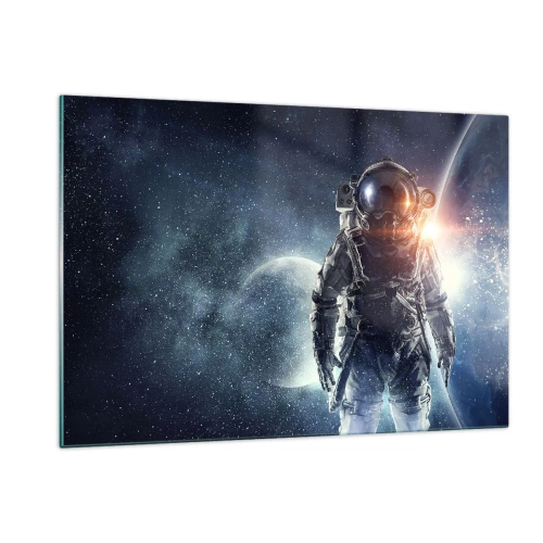 Quadro su vetro - Astronauta sullo sfondo di pianeti e stelle - 120x80cm - Avventura nello spazio - Decorazione murale moderna per soggiorno e camera da letto ARTTOR