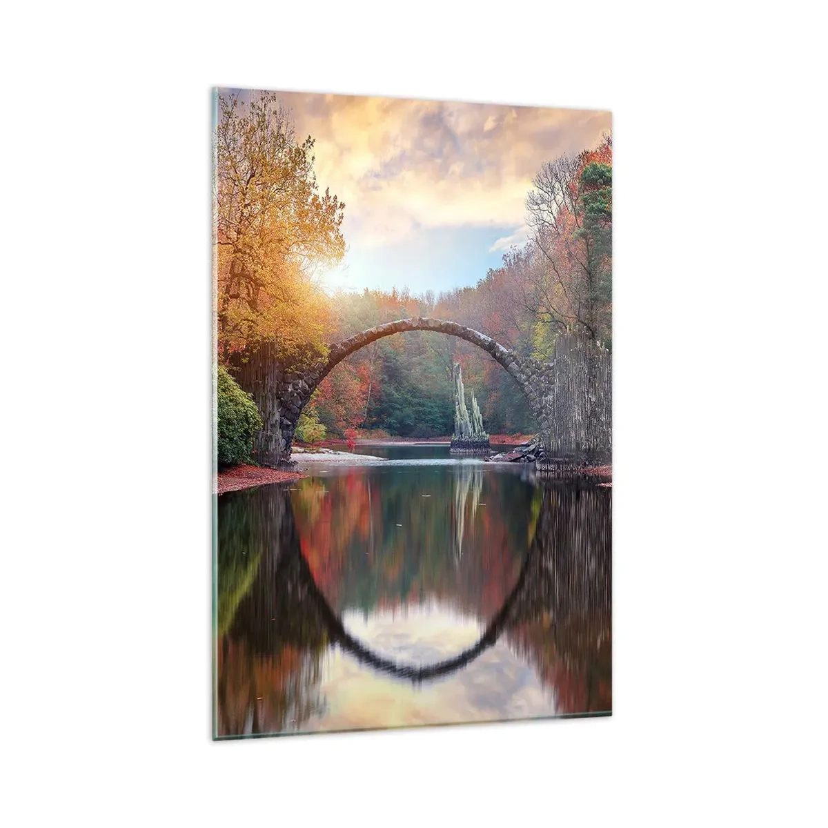 Quadro su vetro - Un ponte di pietra in uno scenario autunnale sopra acque calme - 80x120cm - Dall'altro lato dello specchio - Decorazione murale moderna per soggiorno e camera da letto ARTTOR