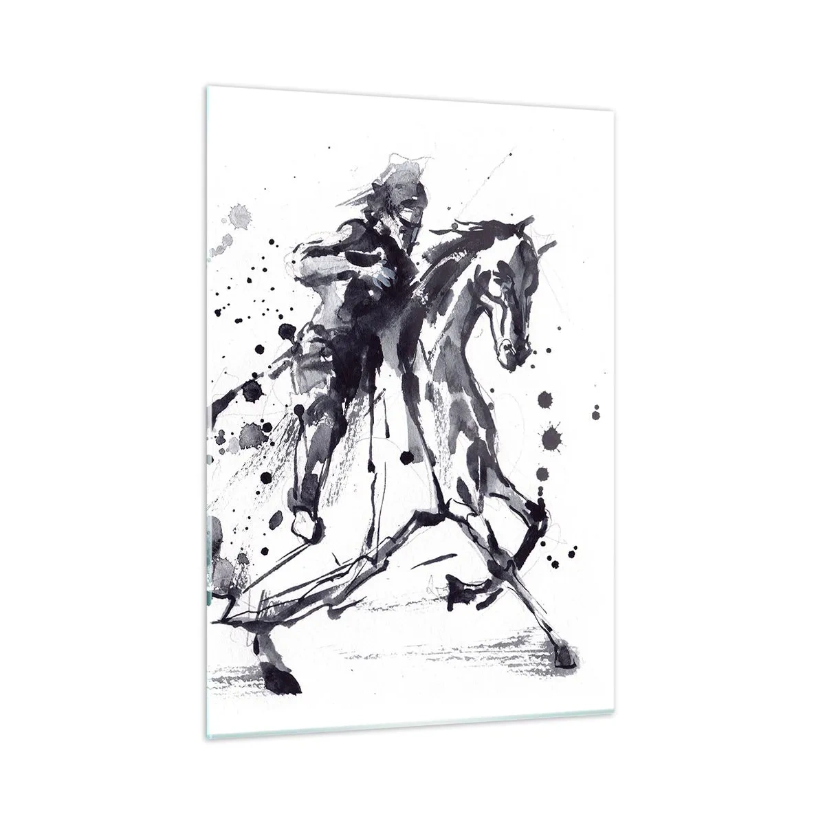 Quadro su vetro - Dipinto in bianco e nero di un cavaliere su un cavallo in stile astratto - 50x70cm - Il cavaliere nero - Decorazione murale moderna per soggiorno e camera da letto ARTTOR