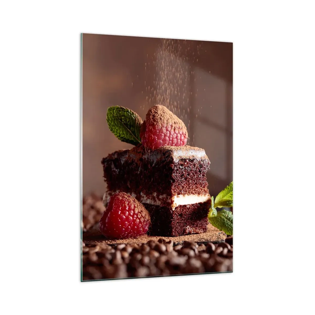 Quadro su vetro - Torta al cioccolato con lamponi e menta su uno sfondo di fave di cacao - 70x100cm - La vita è dolce - Decorazione murale moderna per soggiorno e camera da letto ARTTOR