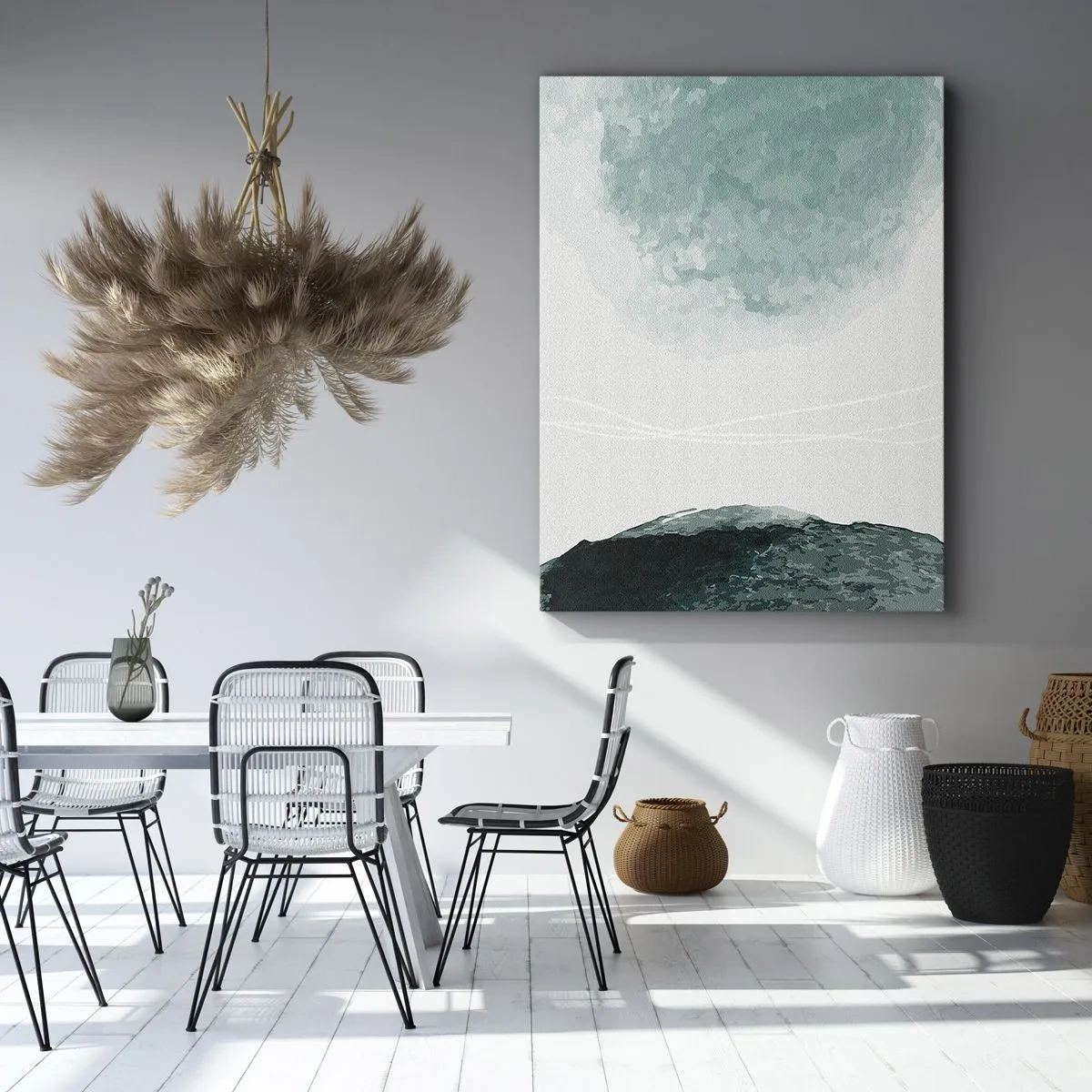 Quadro su tela - Stampe su Tela - Una delicata composizione astratta nelle tonalità del verde, con forme delicate su uno sfondo chiaro. - 50x70cm - Incontro con la nebbia - Decorazione murale moderna per soggiorno e camera da letto ARTTOR