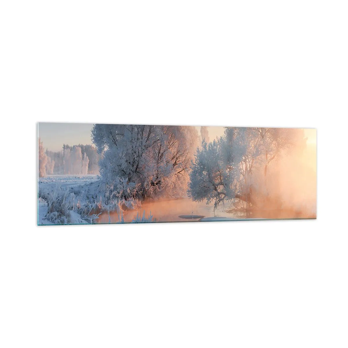 Quadro su vetro - Paesaggio invernale con alberi innevati e tramonto - 160x50cm - Tutto brilla al sole nel cristallo - Decorazione murale moderna per soggiorno e camera da letto ARTTOR