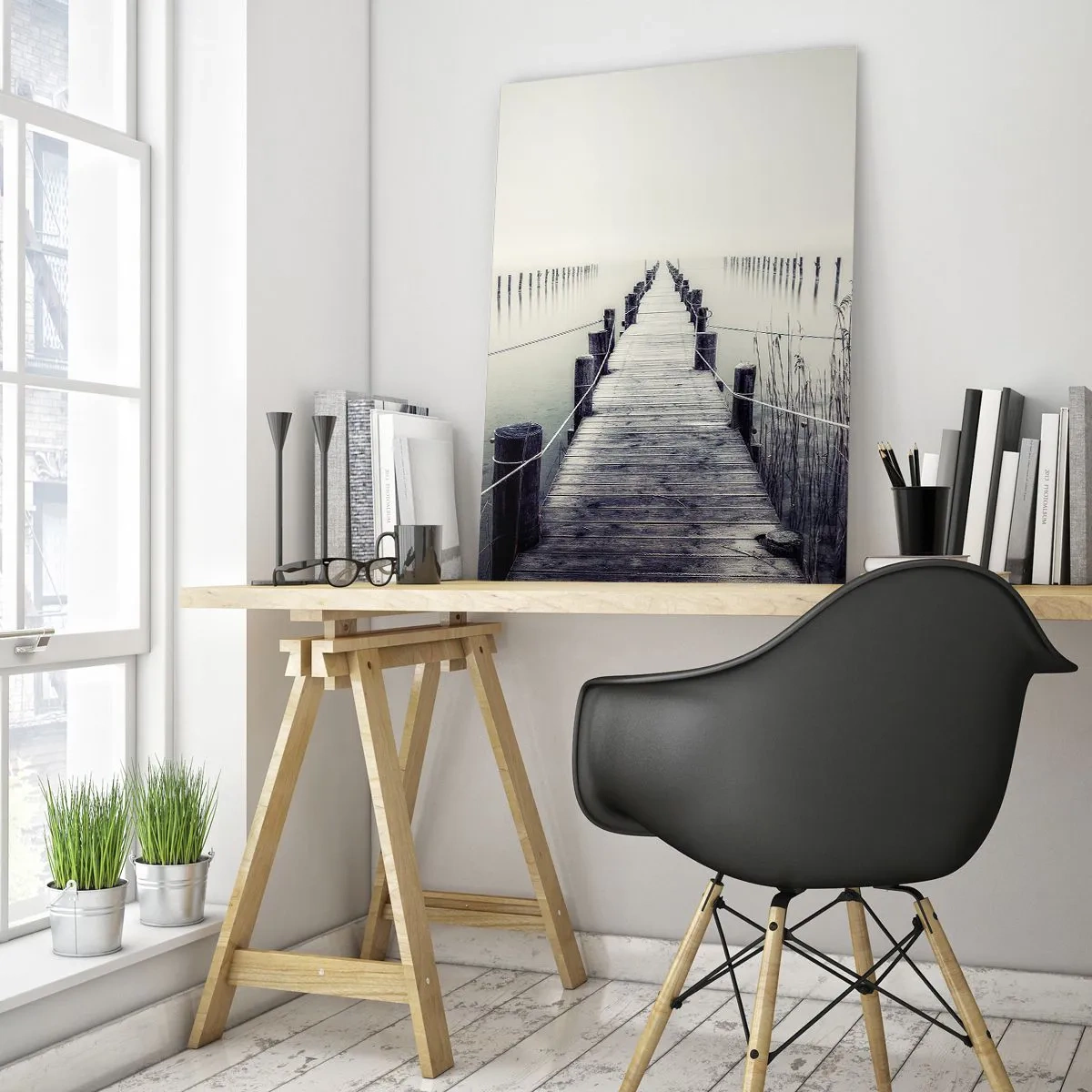 Quadro su vetro - Un ponte di legno conduce nelle profondità di un lago calmo nella nebbia. - 50x70cm - Immergiti nella pace - Decorazione murale moderna per soggiorno e camera da letto ARTTOR