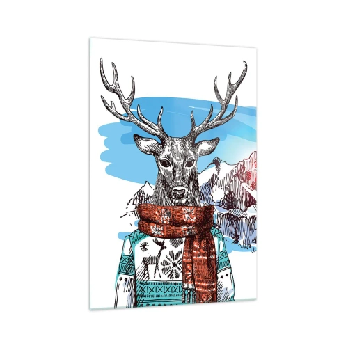 Quadro su vetro - Un cervo con un maglione invernale sullo sfondo di un paesaggio montano - 70x100cm - Anche il cervo non ha freddo - Decorazione murale moderna per soggiorno e camera da letto ARTTOR