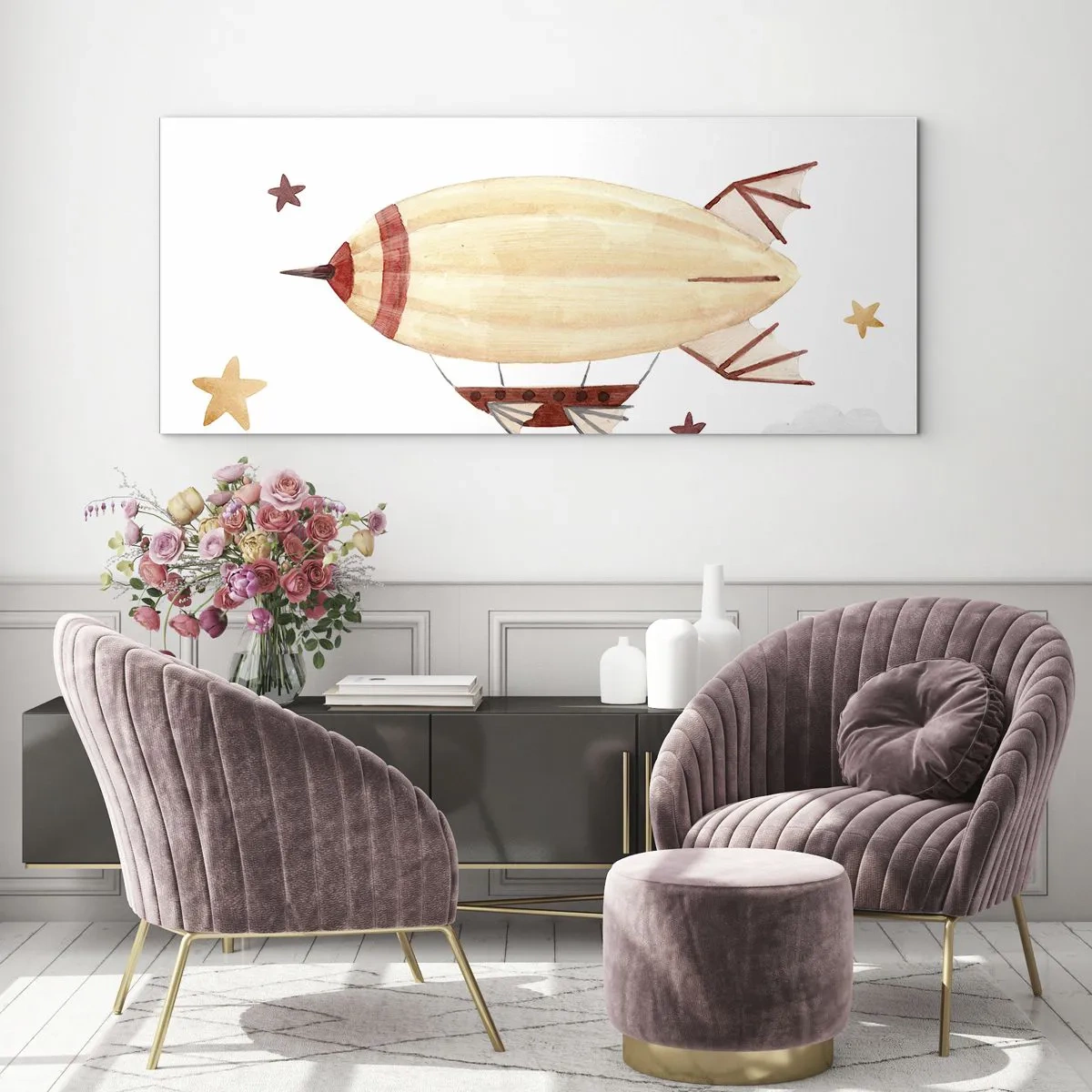 Quadro su vetro - Un dirigibile dipinto a mano su uno sfondo di stelle - 120x50cm - Nave volante - Decorazione murale moderna per soggiorno e camera da letto ARTTOR