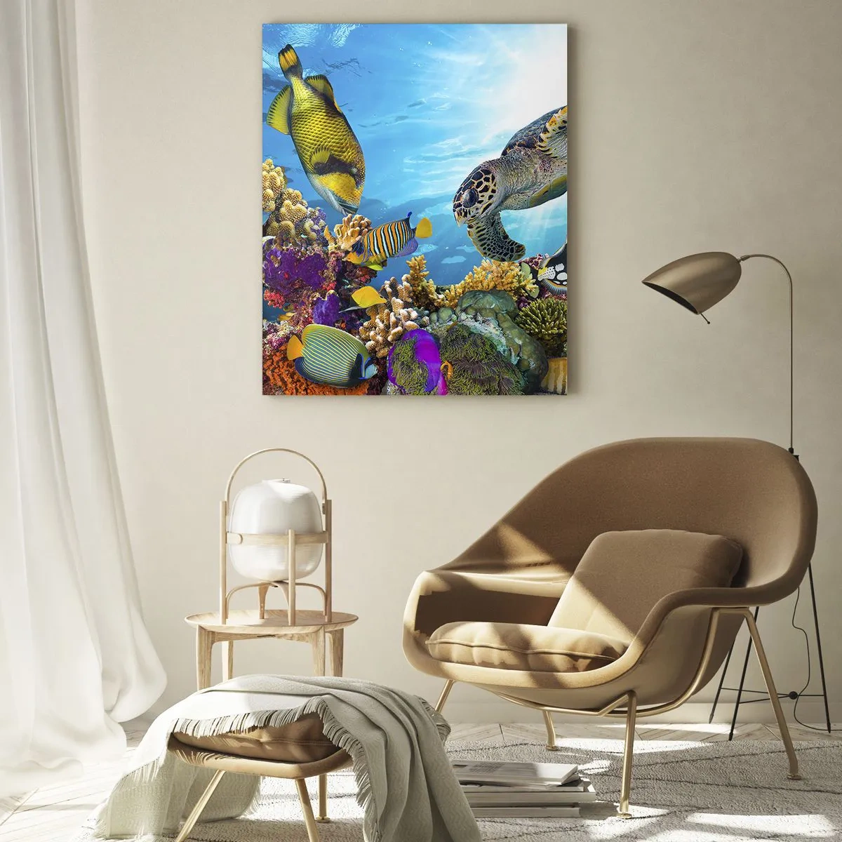 Quadro su vetro - Scena subacquea con tartarughe, pesci e coralli - 50x70cm - Passeggiata corallina - Decorazione murale moderna per soggiorno e camera da letto ARTTOR