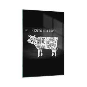Quadro su vetro - Diagramma dei tagli di carne bovina su sfondo nero - 70x100cm - Il sillabario del macellaio - Decorazione murale moderna per soggiorno e camera da letto ARTTOR