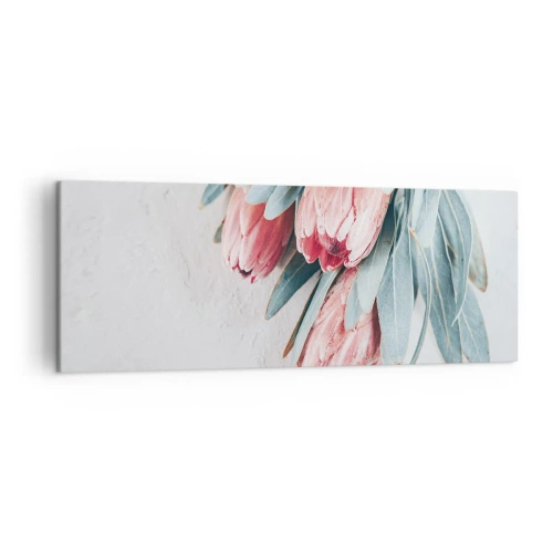 Quadro su tela - Stampe su Tela - Delicati fiori di protea rosa su uno sfondo chiaro - 140x50cm - Imbarazzati per la propria bellezza - Decorazione murale moderna per soggiorno e camera da letto ARTTOR