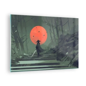 Quadro su vetro - Un guerriero solitario con una spada nella foresta, sullo sfondo una luna rossa. - 70x50cm - Il guerriero della luna rossa - Decorazione murale moderna per soggiorno e camera da letto ARTTOR