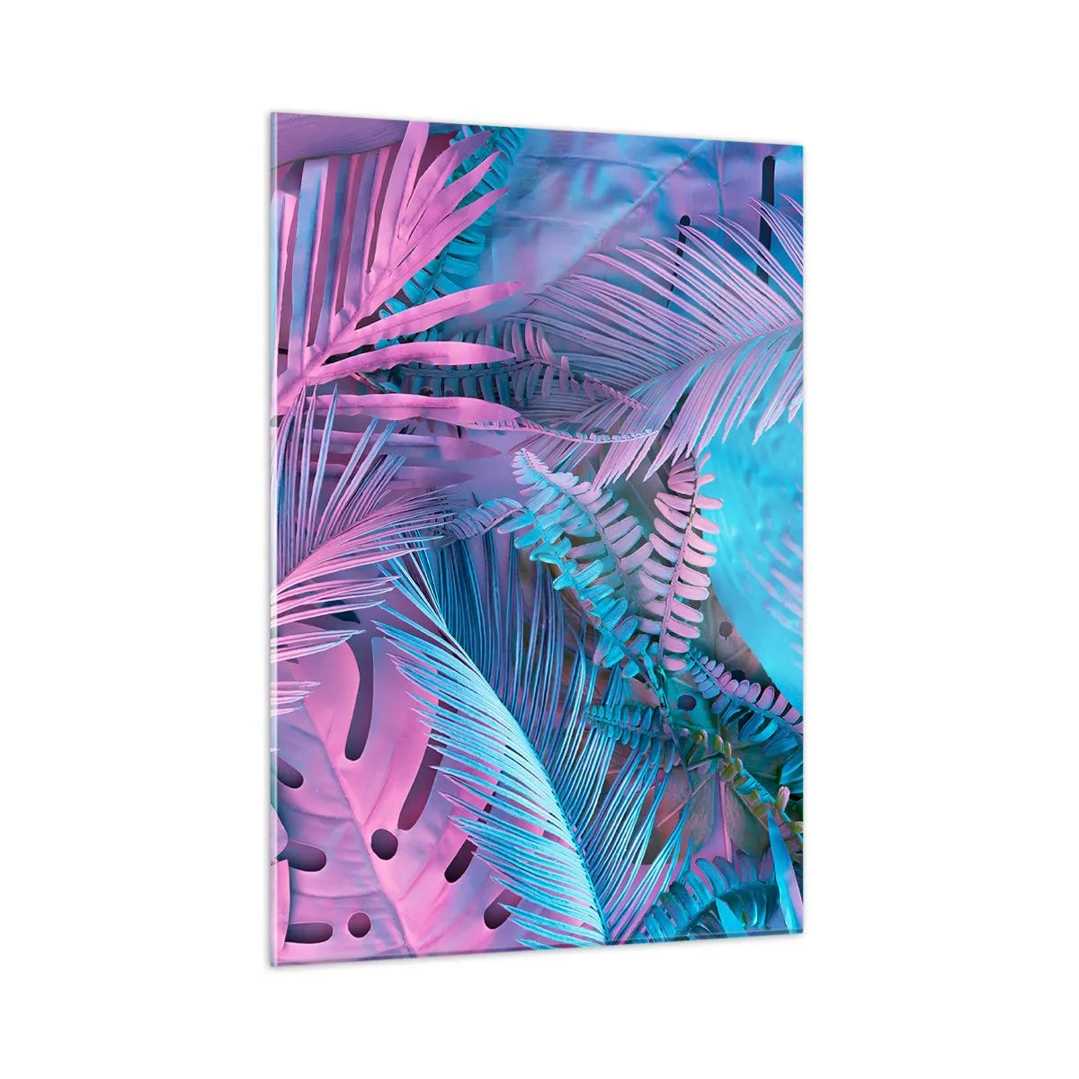 Quadro su vetro - Foglie tropicali nei toni del rosa e del blu su uno sfondo neon - 50x70cm - Tropici in rosa e blu - Decorazione murale moderna per soggiorno e camera da letto ARTTOR