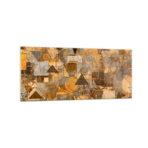 Quadro su vetro - Motivi geometrici astratti nelle tonalità dell'oro - 120x50cm - Il mondo compreso nella forma - Decorazione murale moderna per soggiorno e camera da letto ARTTOR