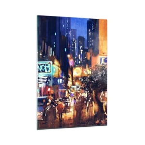 Quadro su vetro - Paesaggio urbano serale in stile impressionista - 80x120cm - Ma la città non dorme - Decorazione murale moderna per soggiorno e camera da letto ARTTOR