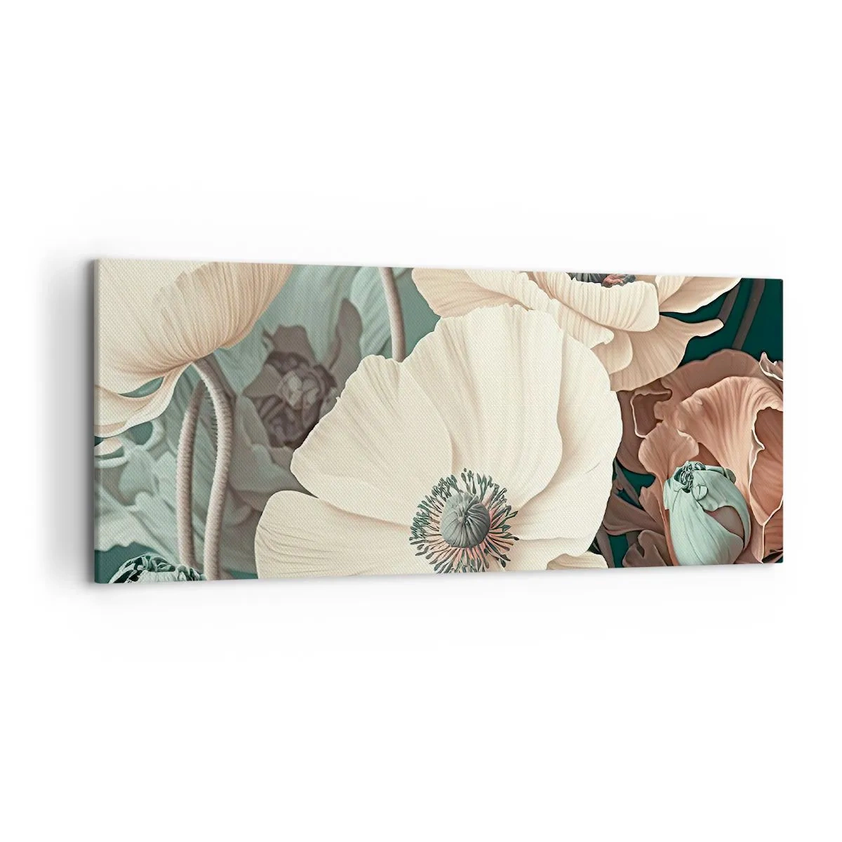 Quadro su tela - Stampe su Tela - Eleganti fiori in tonalità pastello su sfondo verde - 120x50cm - Il sussurro dei papaveri - Decorazione murale moderna per soggiorno e camera da letto ARTTOR