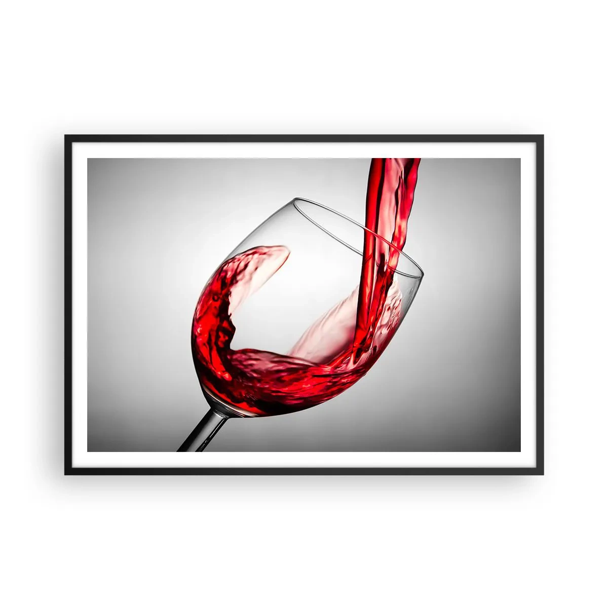 Poster in cornice nera - Un bicchiere di vino rosso versato su uno sfondo chiaro - 100x70cm - Colore - movimento - suono - Decorazione murale moderna per soggiorno e camera da letto ARTTOR