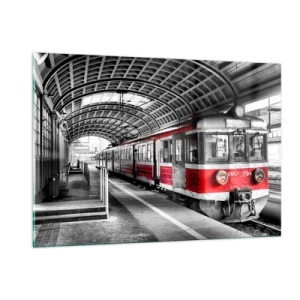 Quadro su vetro - Trenino rosso alla stazione sotto un tetto - 120x80cm - Sarà il viaggio della propria vita? - Decorazione murale moderna per soggiorno e camera da letto ARTTOR