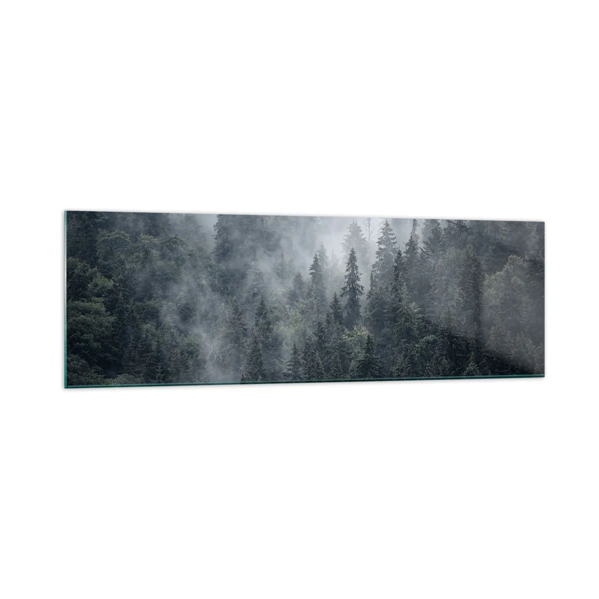 Quadro su vetro - Foresta di conifere nebbiosa nei toni del grigio e del verde - 160x50cm - Alba nel bosco - Decorazione murale moderna per soggiorno e camera da letto ARTTOR