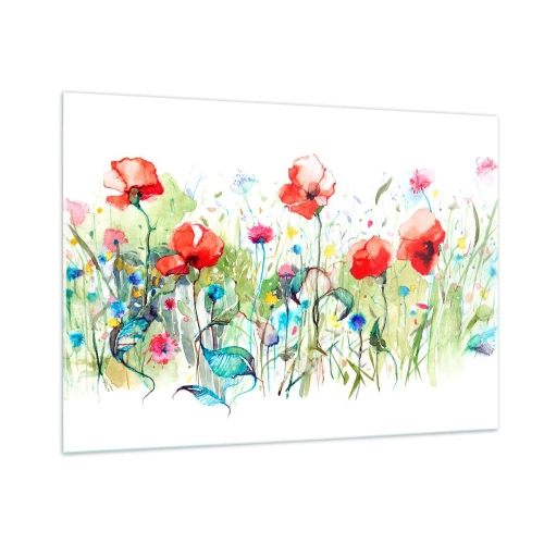 Quadro su vetro - Papaveri colorati e fiori di campo in stile acquerello - 100x70cm - Il prato fiorito a maggio - Decorazione murale moderna per soggiorno e camera da letto ARTTOR