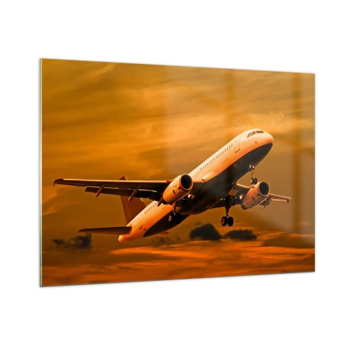 Quadro su vetro - Un aereo che decolla contro un cielo arancione - 100x70cm - In volo verso il sole - Decorazione murale moderna per soggiorno e camera da letto ARTTOR
