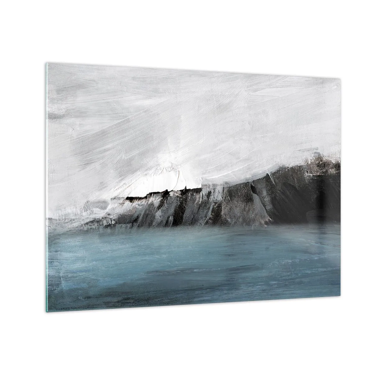 Quadro su vetro - Composizione astratta nei toni del blu, bianco e nero - 70x50cm - Acqua-terra: lo scontro degli elementi - Decorazione murale moderna per soggiorno e camera da letto ARTTOR