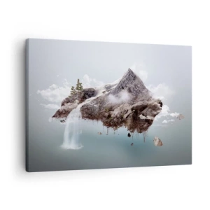 Quadro su tela - Stampe su Tela - Una montagna surreale che galleggia tra le nuvole con una cascata - 70x50cm - Con l'occhio del surrealista - Decorazione murale moderna per soggiorno e camera da letto ARTTOR