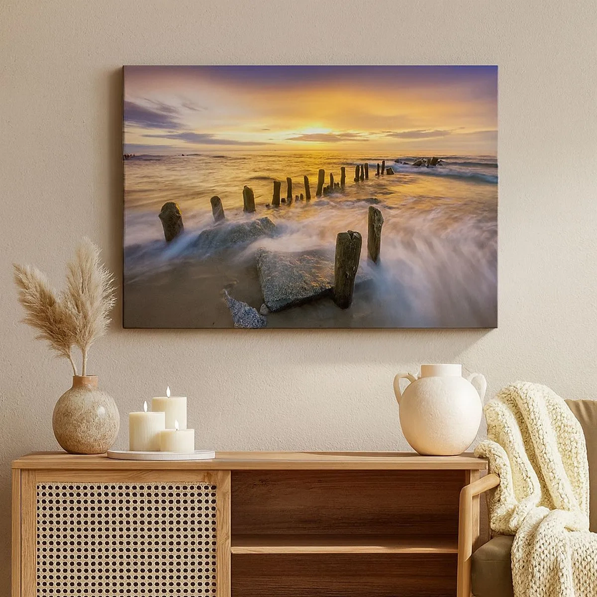 Quadro su tela - Stampe su Tela - Tramonto sul mare con i resti di un vecchio molo - 70x50cm - La bellezza selvatica del Baltico - Decorazione murale moderna per soggiorno e camera da letto ARTTOR