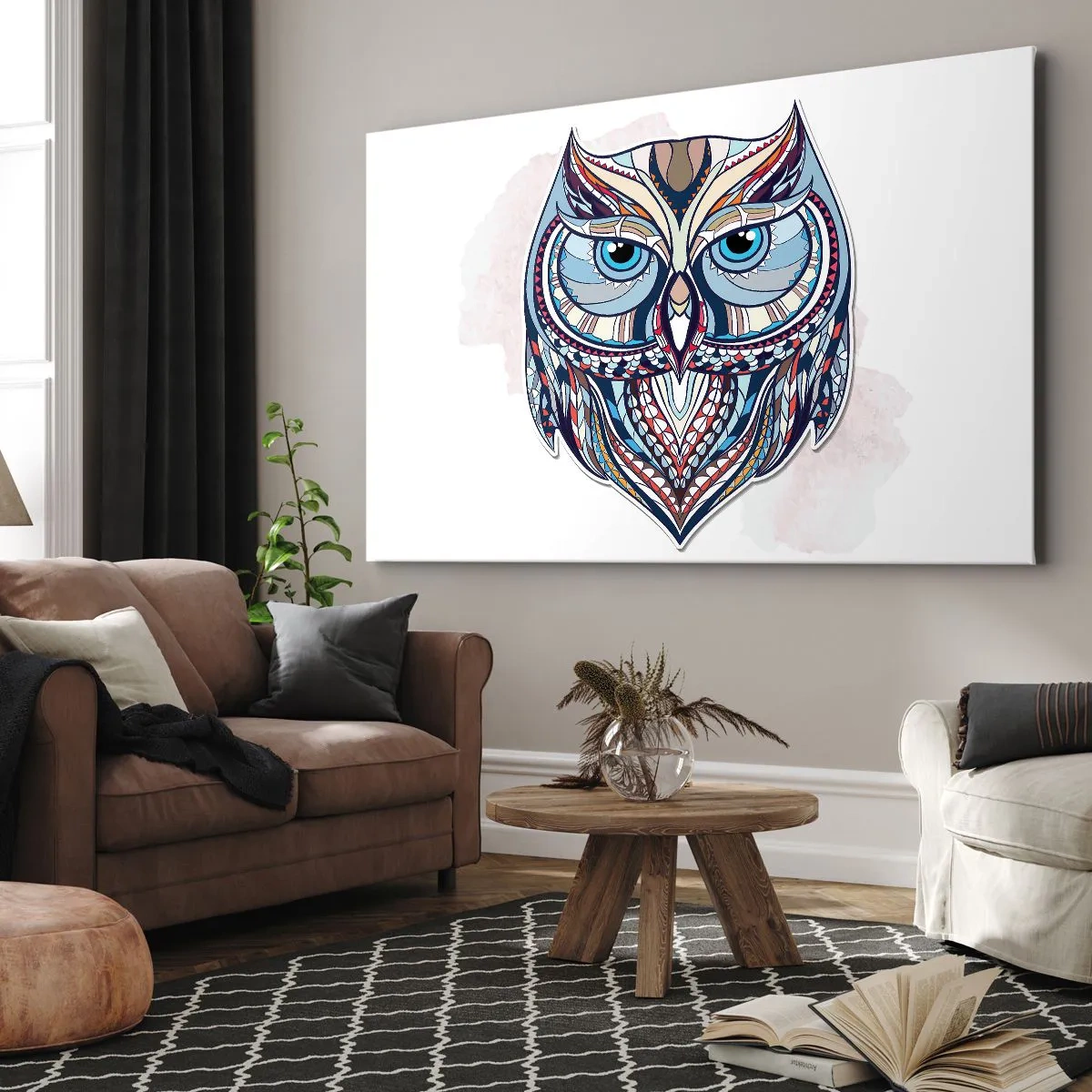 Quadro su tela - Stampe su Tela - Gufo geometrico nei toni del blu e del beige - 120x80cm - Gufo artistico decorativo - Decorazione murale moderna per soggiorno e camera da letto ARTTOR