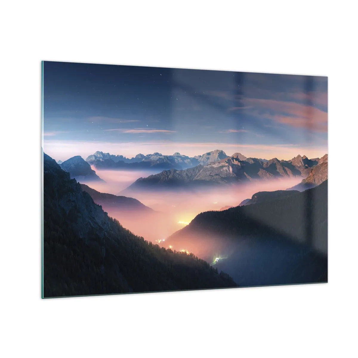 Quadro su vetro - Paesaggio montano al tramonto con nebbia nella valle - 100x70cm - La luce nelle valli - Decorazione murale moderna per soggiorno e camera da letto ARTTOR