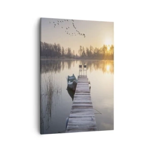 Quadro su tela - Stampe su Tela - Un molo sul lago al mattino con una barca e delle sedie - 50x70cm - Tornerò un giorno - Decorazione murale moderna per soggiorno e camera da letto ARTTOR