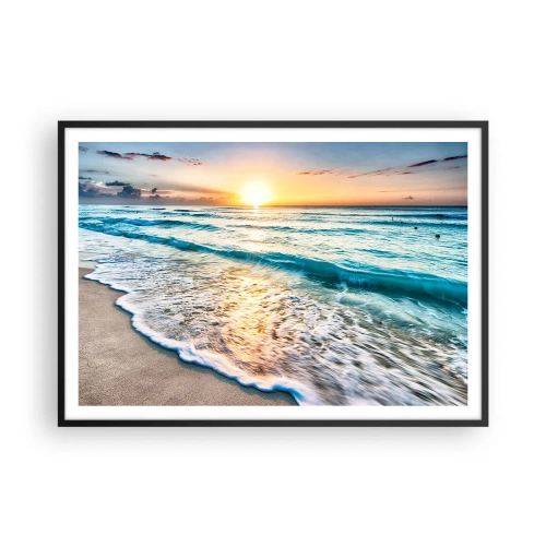 Poster in cornice nera - Alba su una spiaggia tranquilla con onde - 100x70cm - Tramonto sul mare - Decorazione murale moderna per soggiorno e camera da letto ARTTOR
