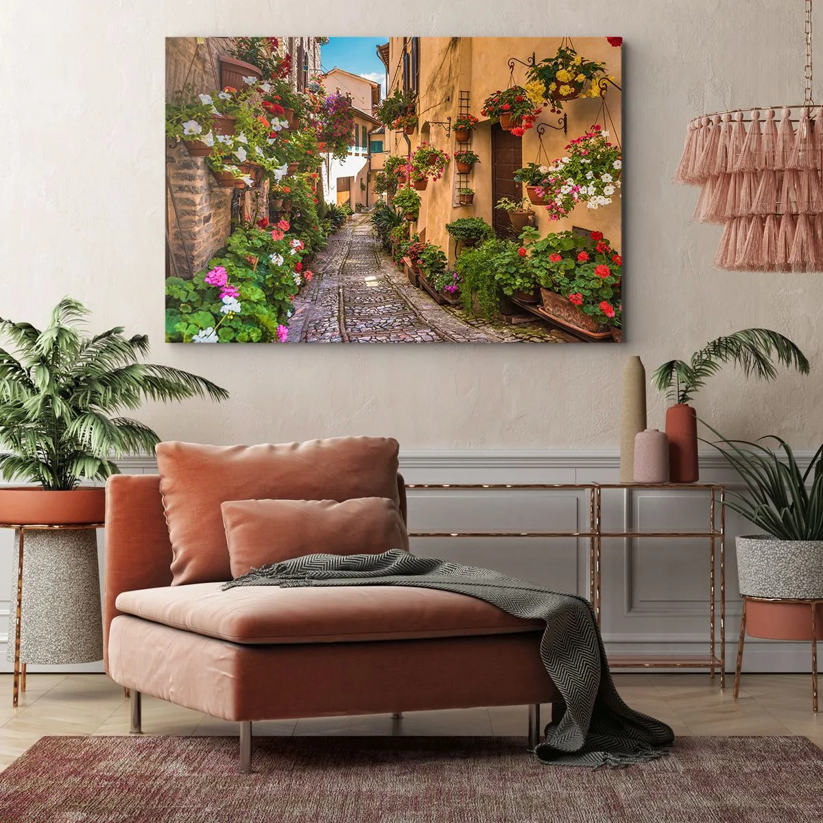 Quadro su tela - Stampe su Tela - Una strada affascinante piena di fiori e vasi di fiori - 70x50cm - Angolo italiano - Decorazione murale moderna per soggiorno e camera da letto ARTTOR