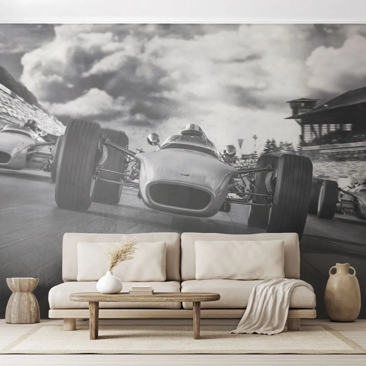 Fotomurali Premium Sand - Auto da corsa retrò in pista in una prospettiva dinamica - 100x70cm - C'è la forza! - Decorazione murale moderna per soggiorno e camera da letto ARTTOR