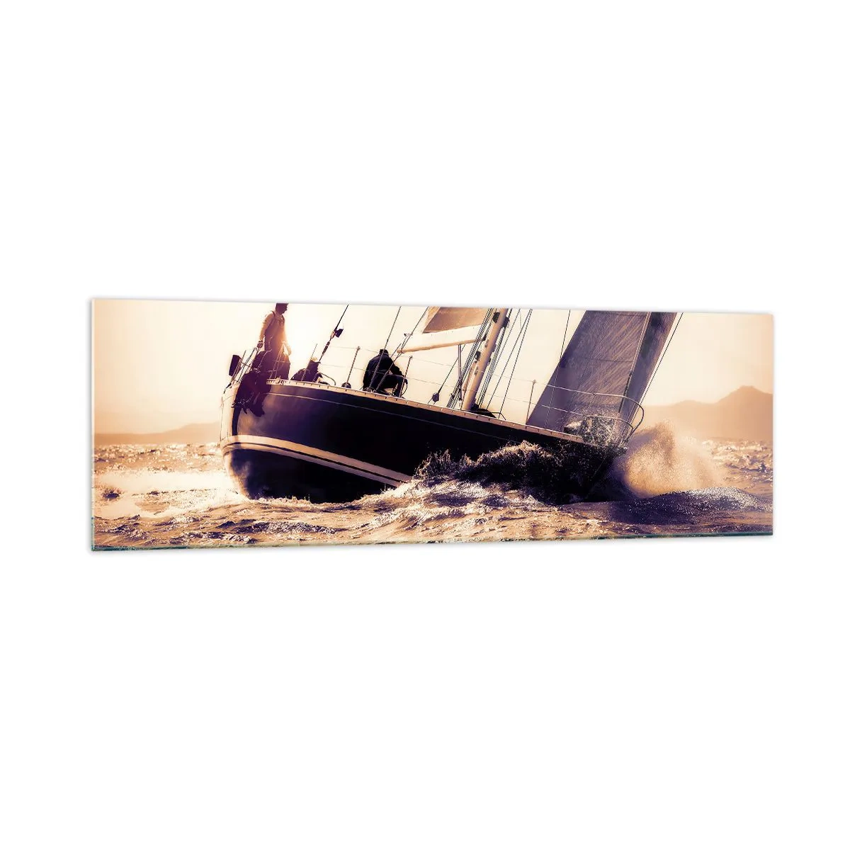 Quadro su vetro - Uno yacht in mare in tempesta alla luce del sole al tramonto - 160x50cm - Naviga, marinaio - Decorazione murale moderna per soggiorno e camera da letto ARTTOR