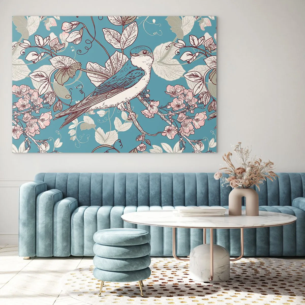 Quadro su vetro - Un uccello su un ramo tra i fiori su uno sfondo turchese - 70x50cm - Sul pioppo riflessi e cinguettii - Decorazione murale moderna per soggiorno e camera da letto ARTTOR