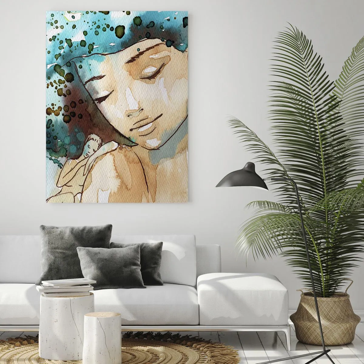 Quadro su vetro - Ritratto ad acquerello di una donna con gli occhi chiusi - 50x70cm - Lady in blue - Decorazione murale moderna per soggiorno e camera da letto ARTTOR