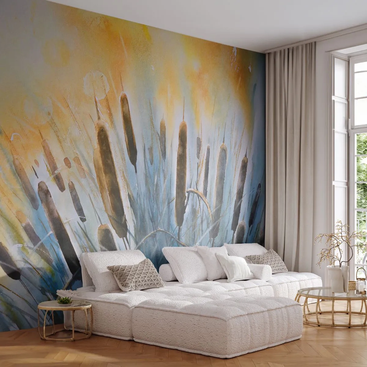 Fotomurali Autoadesivo Deluxe Sticker - Fresco dell'acqua, calore del sole - Canna, Paesaggio, Fiori - 250x175 cm