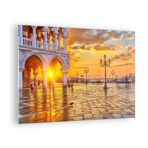 Quadro su vetro - Alba sui portici e sulla piazza - 70x50cm - Dove sono tutti? - Decorazione murale moderna per soggiorno e camera da letto ARTTOR
