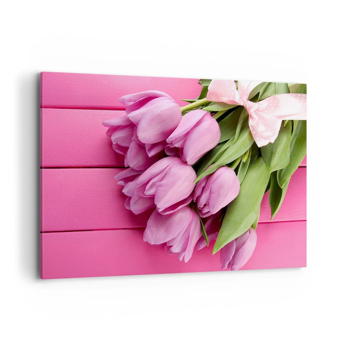 Quadro su tela - Stampe su Tela - Un mazzo di tulipani rosa con un fiocco su uno sfondo rosa - 100x70cm - Proprio per te - Decorazione murale moderna per soggiorno e camera da letto ARTTOR