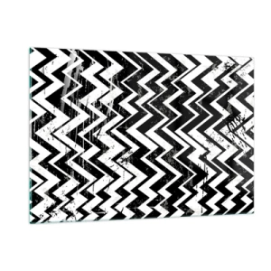 Quadro su vetro - Un motivo a zigzag bianco e nero dalla composizione e dalla consistenza dinamiche. - 120x80cm - Zig-bianco, zag-nero - Decorazione murale moderna per soggiorno e camera da letto ARTTOR