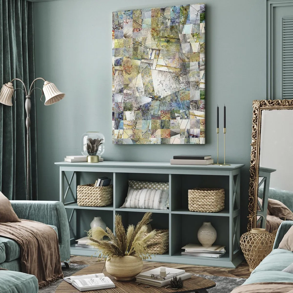Quadro su tela - Stampe su Tela - Astrazione colorata con forme e linee geometriche - 50x70cm - Rimpasto geometrico - Decorazione murale moderna per soggiorno e camera da letto ARTTOR