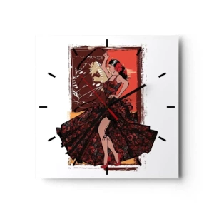 Orologio da parete - Orologio in Vetro - Una ballerina in un abito rosso e nero su uno sfondo artistico - 30x30cm - Al ritmo del cuore - Decorazione murale moderna per soggiorno e camera da letto ARTTOR