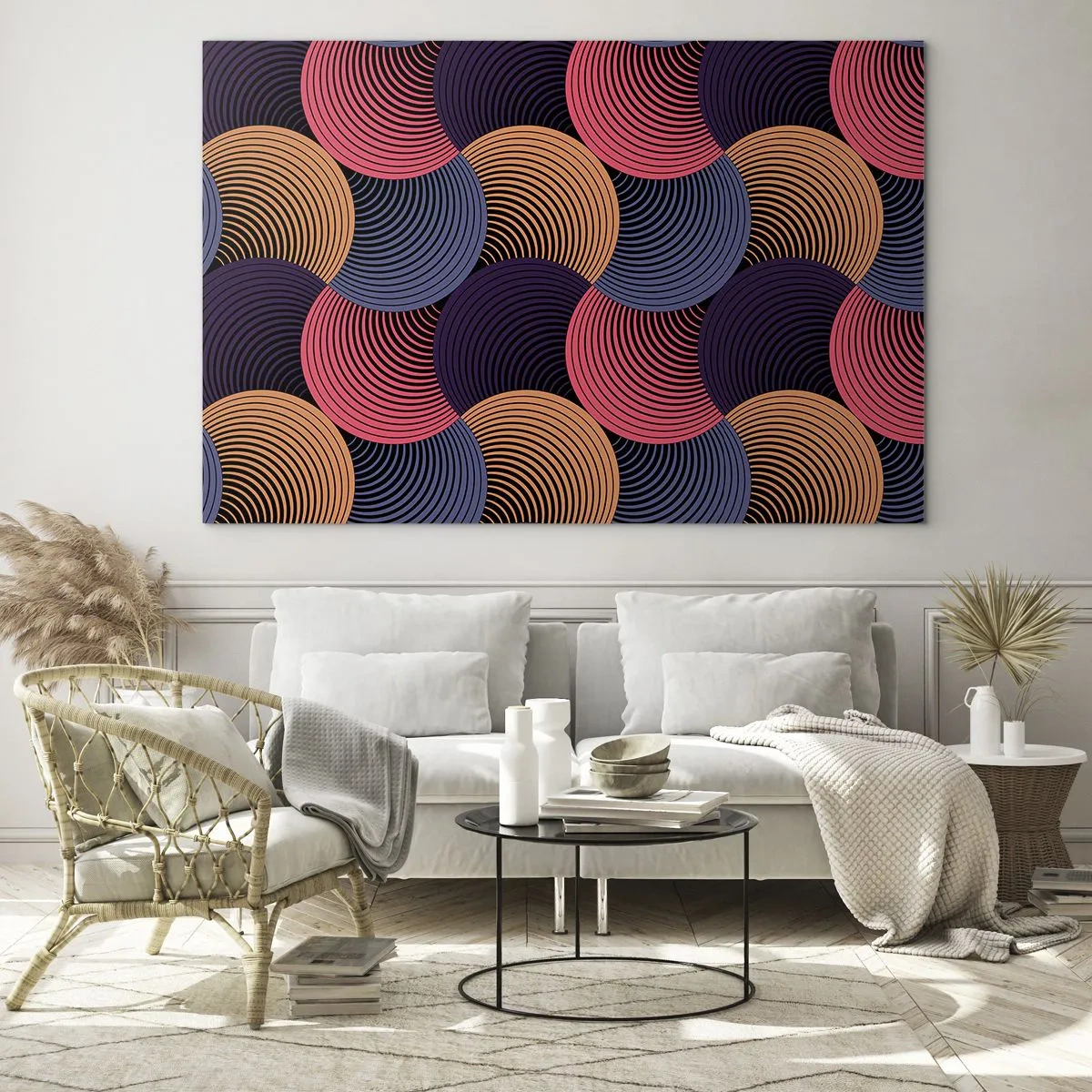 Quadro su vetro - Cerchi concentrici colorati che formano un motivo geometrico - 120x80cm - Al ritmo delle sfere - Decorazione murale moderna per soggiorno e camera da letto ARTTOR